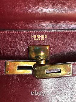 100% Authentic HERMES Kelly 32 Retourne Bordeaux Box Calf Vintage 1950s FRANCE