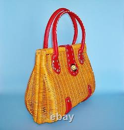 1970's Vintage Red Leather Trimmed Woven Rattan Wicker Handbag