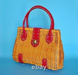 1970's Vintage Red Leather Trimmed Woven Rattan Wicker Handbag