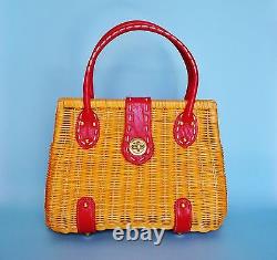 1970's Vintage Red Leather Trimmed Woven Rattan Wicker Handbag