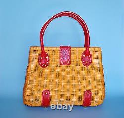 1970's Vintage Red Leather Trimmed Woven Rattan Wicker Handbag