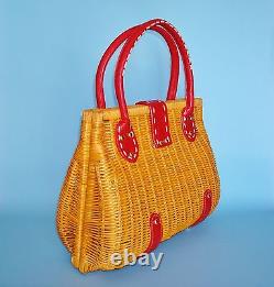 1970's Vintage Red Leather Trimmed Woven Rattan Wicker Handbag