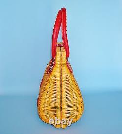 1970's Vintage Red Leather Trimmed Woven Rattan Wicker Handbag