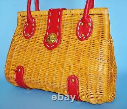 1970's Vintage Red Leather Trimmed Woven Rattan Wicker Handbag