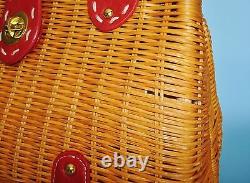 1970's Vintage Red Leather Trimmed Woven Rattan Wicker Handbag