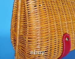 1970's Vintage Red Leather Trimmed Woven Rattan Wicker Handbag