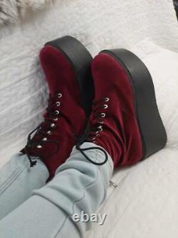 1990s Vintage Deep Red Velvet Platform Lace Up Combat Boots Size 8.5 Womens Goth