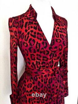 4 6 Diane Von Furstenberg Jeanne Vntg Spotted Cat Red Leopard Silk Wrap Dress