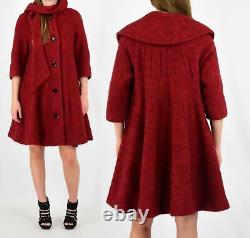 50s Vintage Red Textured Wool Swing Coat Wrap Neck Womens S 6 8