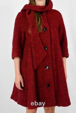 50s Vintage Red Textured Wool Swing Coat Wrap Neck Womens S 6 8