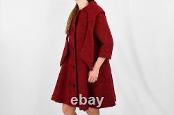 50s Vintage Red Textured Wool Swing Coat Wrap Neck Womens S 6 8