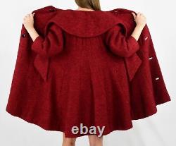 50s Vintage Red Textured Wool Swing Coat Wrap Neck Womens S 6 8