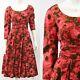 50s Vintage Womens Xs Red Floral Empire Waist Dress Scoop Neck Full Skirt
