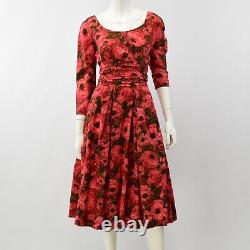 50s Vintage Womens XS Red Floral Empire Waist Dress Scoop Neck Full Skirt