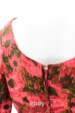 50s Vintage Womens XS Red Floral Empire Waist Dress Scoop Neck Full Skirt