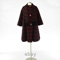 60s Vintage Womens S/M Red & Black Wool Scarf Collar Swing Coat Tent Coat EUC