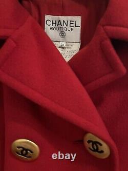 7K CHANEL VINTAGE 1990s Red Coat Jacket 38 40 42 44 46 6 8 10 Logo M L 1991 90s