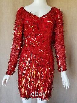 80's OLEG CASSINI She Devil red sequin dagger Womens Vintage Dress Dynasty sz S