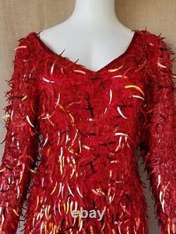 80's OLEG CASSINI She Devil red sequin dagger Womens Vintage Dress Dynasty sz S