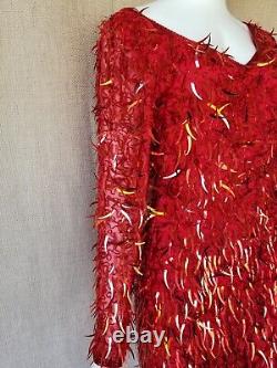 80's OLEG CASSINI She Devil red sequin dagger Womens Vintage Dress Dynasty sz S