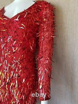 80's OLEG CASSINI She Devil red sequin dagger Womens Vintage Dress Dynasty sz S