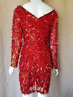 80's OLEG CASSINI She Devil red sequin dagger Womens Vintage Dress Dynasty sz S