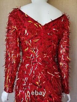 80's OLEG CASSINI She Devil red sequin dagger Womens Vintage Dress Dynasty sz S