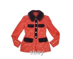 90s Vintage Gemma Kahng Gold Brocade Print Faux Fur Collar Red Jacket Sz2