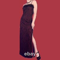 90s vintage feather trim red and black mesh velvet prom dress