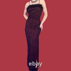 90s vintage feather trim red and black mesh velvet prom dress