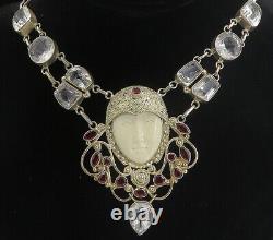 925 Silver Vintage Red & White Topaz Carved Face Chain Necklace NE1245