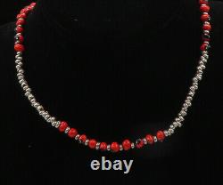 925 Sterling Silver Vintage Red Enamel Beaded Pattern Chain Necklace NE3652