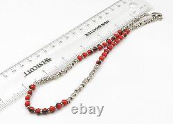 925 Sterling Silver Vintage Red Enamel Beaded Pattern Chain Necklace NE3652