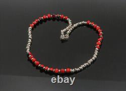 925 Sterling Silver Vintage Red Enamel Beaded Pattern Chain Necklace NE3652