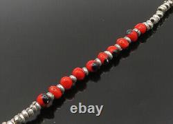 925 Sterling Silver Vintage Red Enamel Beaded Pattern Chain Necklace NE3652