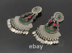 925 Sterling Silver Vintage Red & Green Topaz Chandelier Earrings EG9432