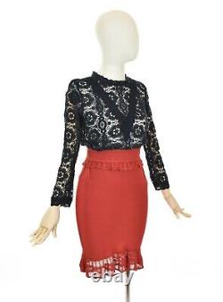 AZZEDINE ALAIA Vintage 90s Knit Bodycon Pencil Skirt Red Ruffled Size S
