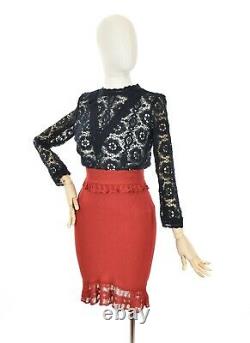 AZZEDINE ALAIA Vintage 90s Knit Bodycon Pencil Skirt Red Ruffled Size S