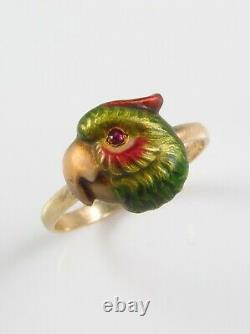 Antique 14k Gold Art Nouveau Enamel & Ruby Eyed Parrot Bird Ring Size 6.25