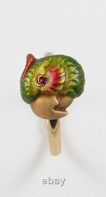 Antique 14k Gold Art Nouveau Enamel & Ruby Eyed Parrot Bird Ring Size 6.25