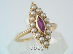 Antique Art Nouveau Solid 14k Gold Ruby & Seed Pearl Navette Ring