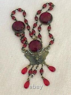 Antique Czech Necklace, Pendant of Butterfly with Art Deco Woman's Face
