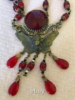Antique Czech Necklace, Pendant of Butterfly with Art Deco Woman's Face