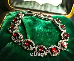 Antique EDWARDIAN BLOOD-RED GARNET Sterling Silver Signed Link Bracelet 7.3/4
