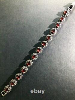 Antique EDWARDIAN BLOOD-RED GARNET Sterling Silver Signed Link Bracelet 7.3/4