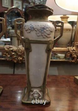 Antique Royal Dux Bohemia Pair Vases Art Nouveau Porcelain Gilded Female Heads