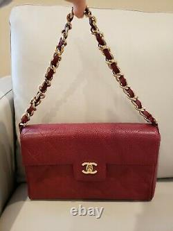 Auth CHANEL Quilted CC Chain Hand Bag Burgund Caviar Skin Leather Vintage