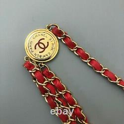 Auth Chanel Ladies Vintage CC LOGO Red Lambskin Leather Gold Chain Triple Belt