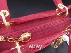 Auth Christian Dior Lady Cannage Hand Bag Nylon Leather Red Vintage