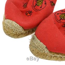 Auth HERMES Embroidery Flat Shoes Espadrilles Red Canvas Linen #38 VTG AK17225i